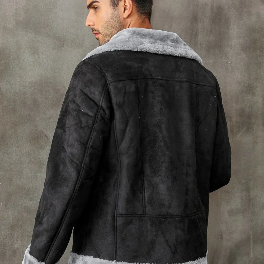 Black Casual Mens Zip Up Lapel Neck Teddy Lined Coat - Picture 2 of 8